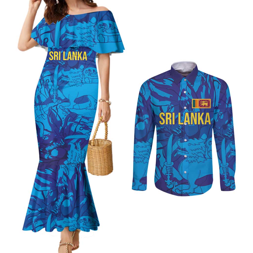 Custom Sri Lanka Cricket Royal Blue Warrior Couples Matching Mermaid Dress and Long Sleeve Button Shirt