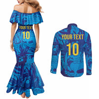 Custom Sri Lanka Cricket Royal Blue Warrior Couples Matching Mermaid Dress and Long Sleeve Button Shirt