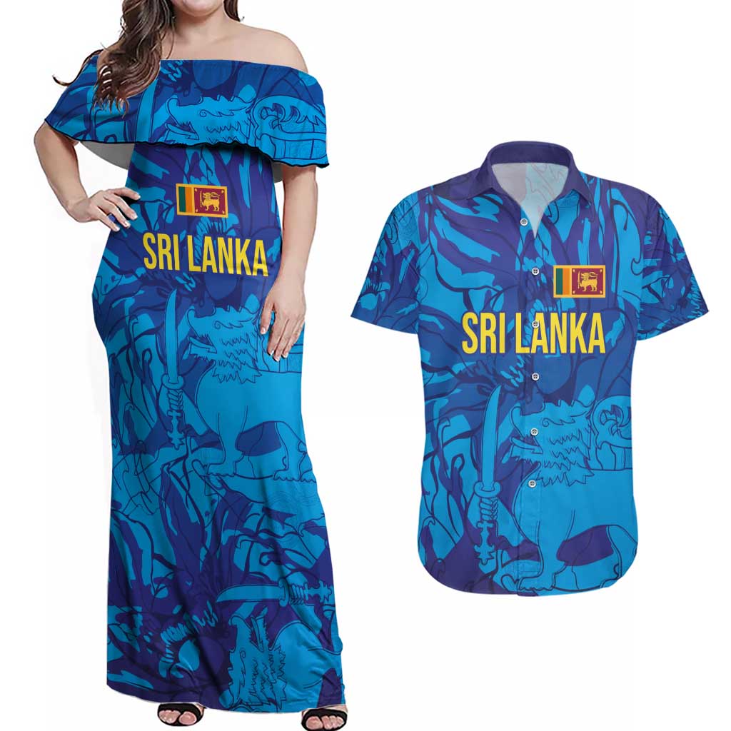 Custom Sri Lanka Cricket Royal Blue Warrior Couples Matching Off Shoulder Maxi Dress and Hawaiian Shirt