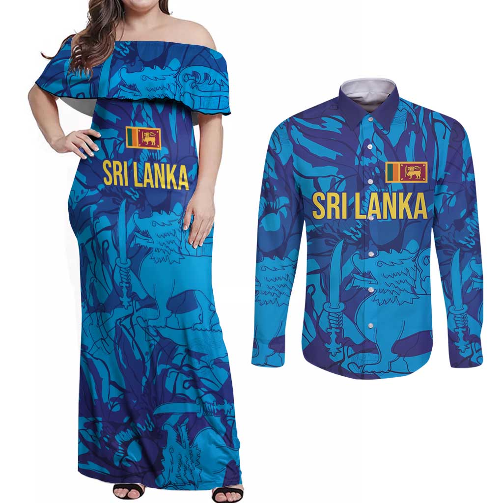 Custom Sri Lanka Cricket Royal Blue Warrior Couples Matching Off Shoulder Maxi Dress and Long Sleeve Button Shirt