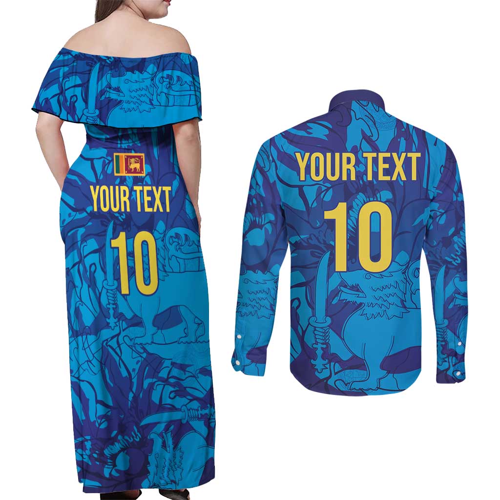 Custom Sri Lanka Cricket Royal Blue Warrior Couples Matching Off Shoulder Maxi Dress and Long Sleeve Button Shirt