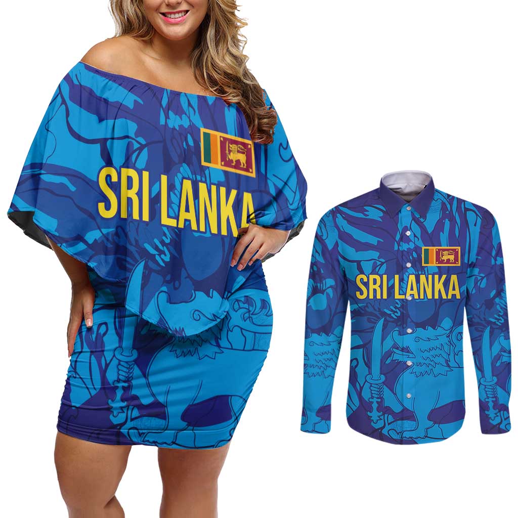 Custom Sri Lanka Cricket Royal Blue Warrior Couples Matching Off Shoulder Short Dress and Long Sleeve Button Shirt