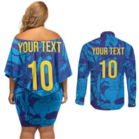Custom Sri Lanka Cricket Royal Blue Warrior Couples Matching Off Shoulder Short Dress and Long Sleeve Button Shirt