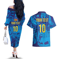 Custom Sri Lanka Cricket Royal Blue Warrior Couples Matching Off The Shoulder Long Sleeve Dress and Hawaiian Shirt