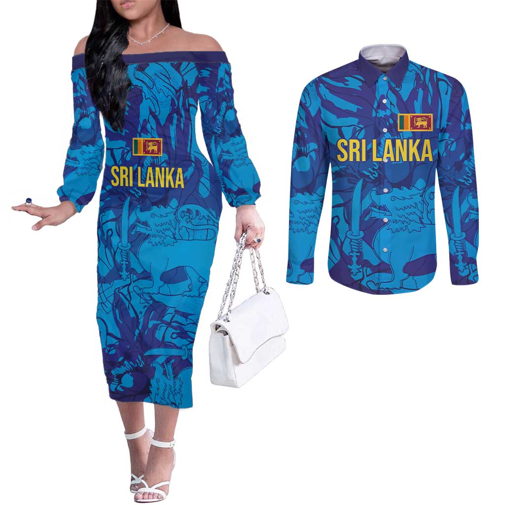 Custom Sri Lanka Cricket Royal Blue Warrior Couples Matching Off The Shoulder Long Sleeve Dress and Long Sleeve Button Shirt