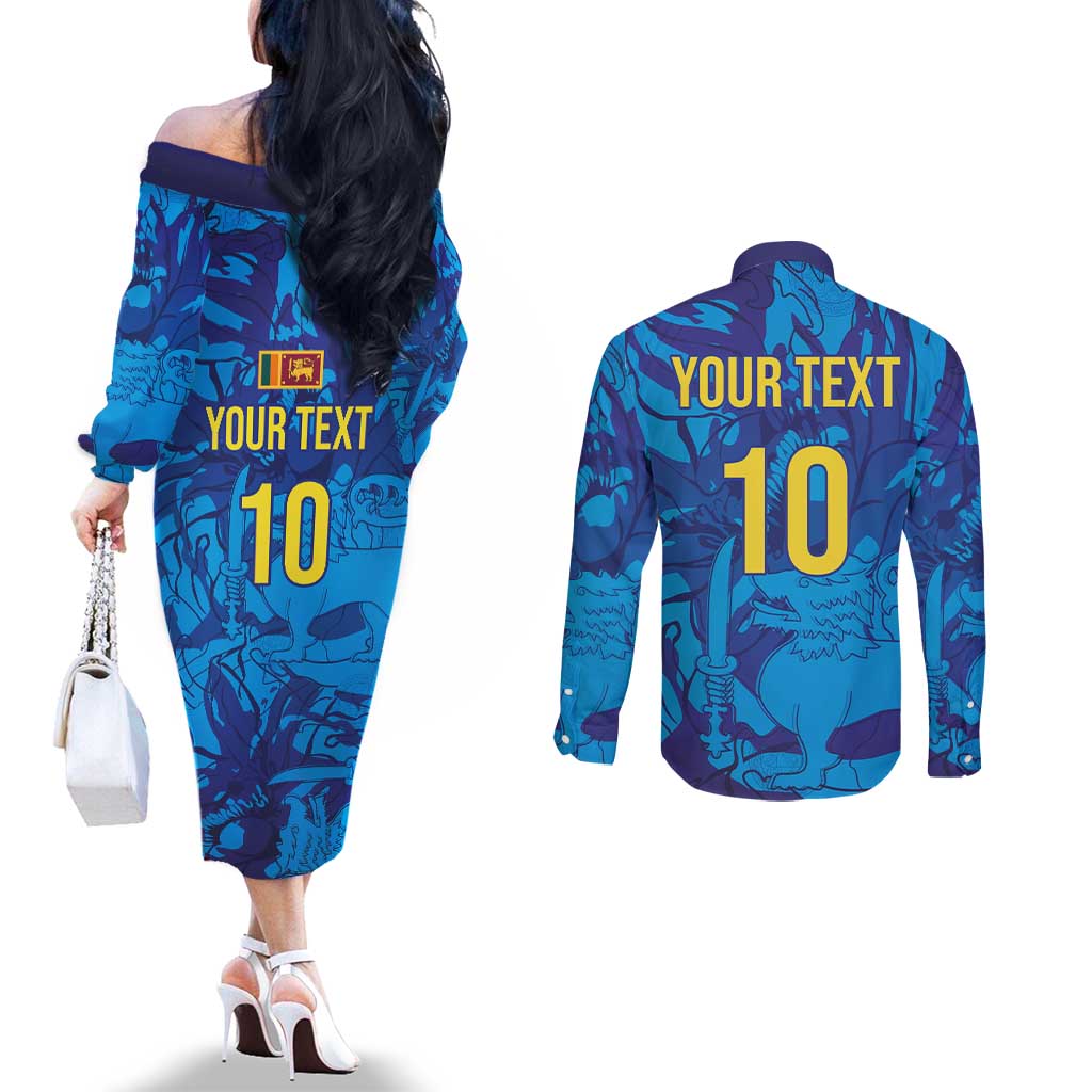 Custom Sri Lanka Cricket Royal Blue Warrior Couples Matching Off The Shoulder Long Sleeve Dress and Long Sleeve Button Shirt