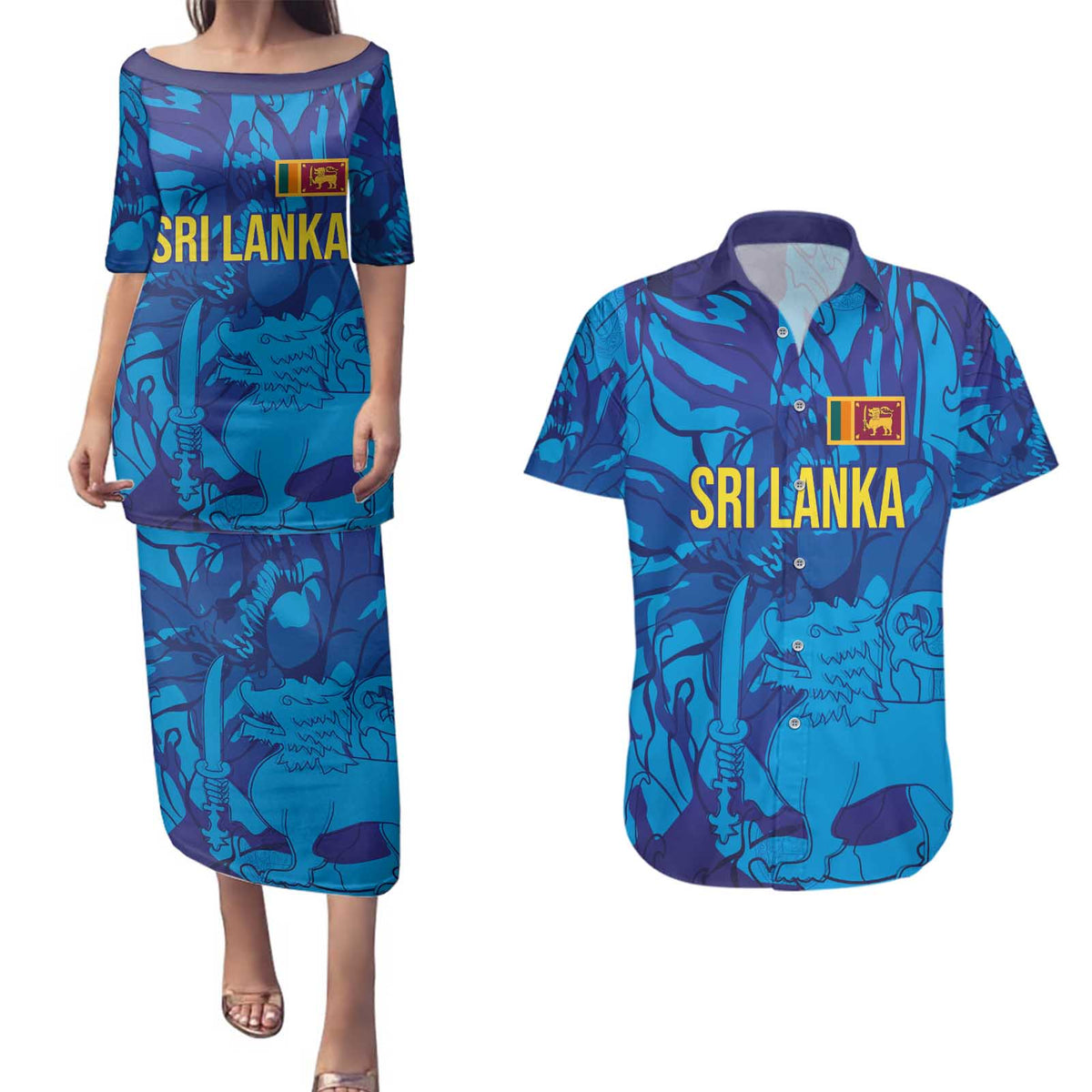Custom Sri Lanka Cricket Royal Blue Warrior Couples Matching Puletasi and Hawaiian Shirt
