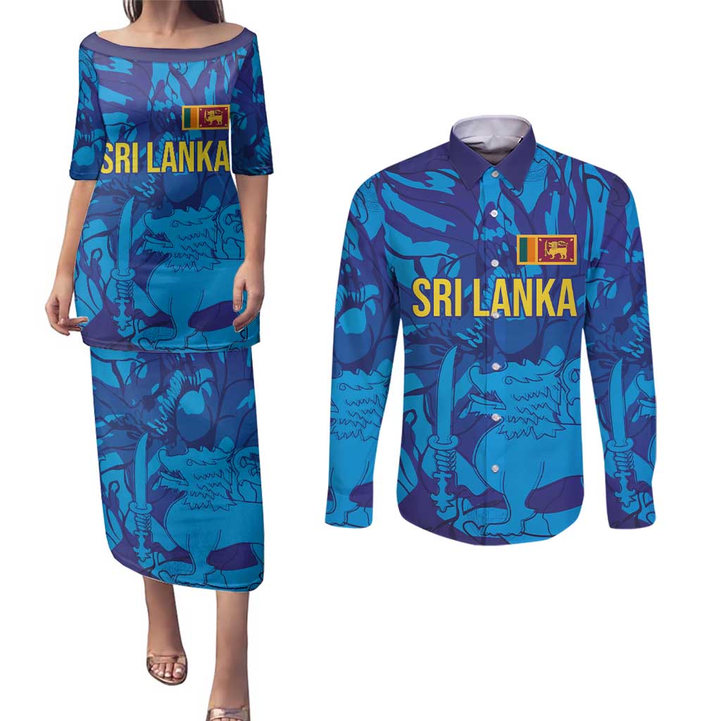 Custom Sri Lanka Cricket Royal Blue Warrior Couples Matching Puletasi and Long Sleeve Button Shirt