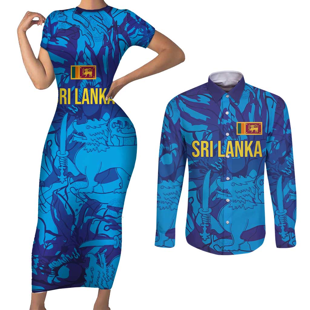 Custom Sri Lanka Cricket Royal Blue Warrior Couples Matching Short Sleeve Bodycon Dress and Long Sleeve Button Shirt
