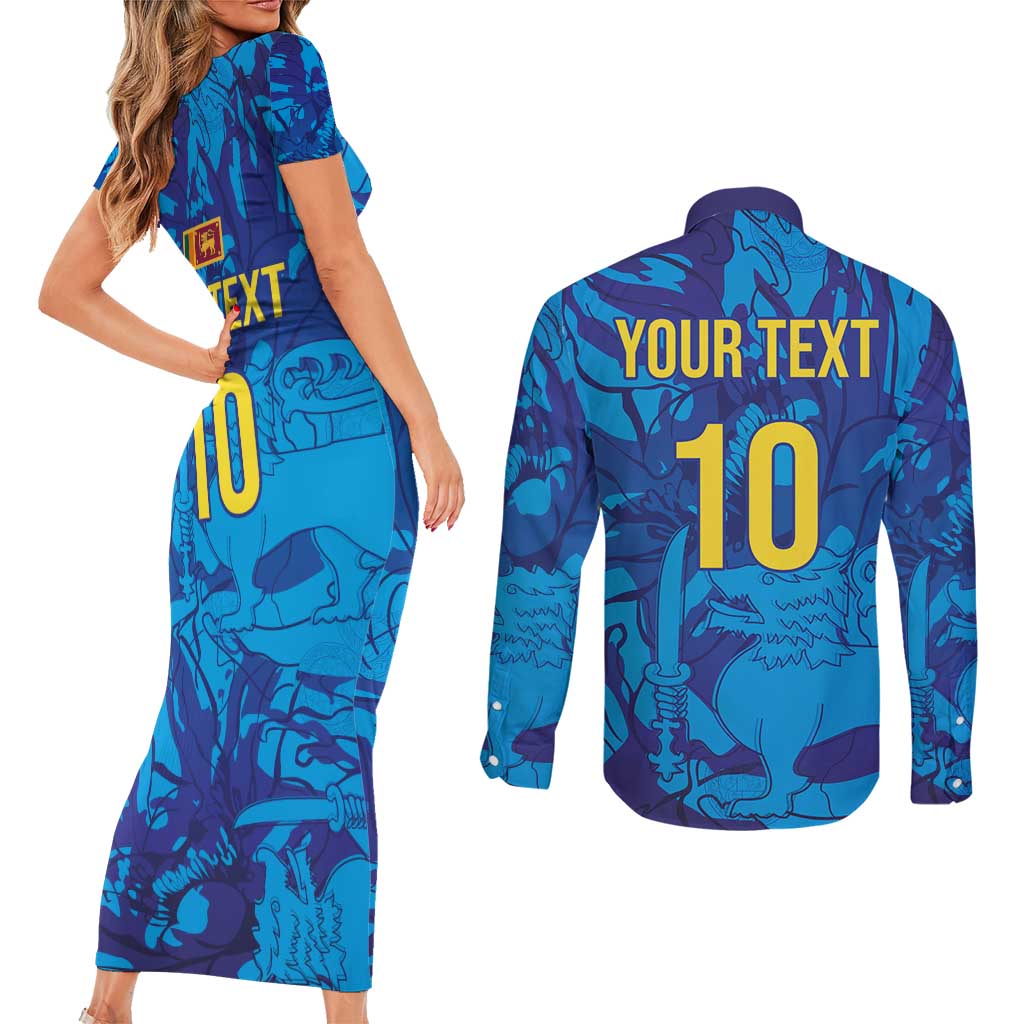 Custom Sri Lanka Cricket Royal Blue Warrior Couples Matching Short Sleeve Bodycon Dress and Long Sleeve Button Shirt