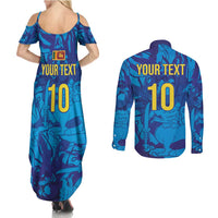 Custom Sri Lanka Cricket Royal Blue Warrior Couples Matching Summer Maxi Dress and Long Sleeve Button Shirt