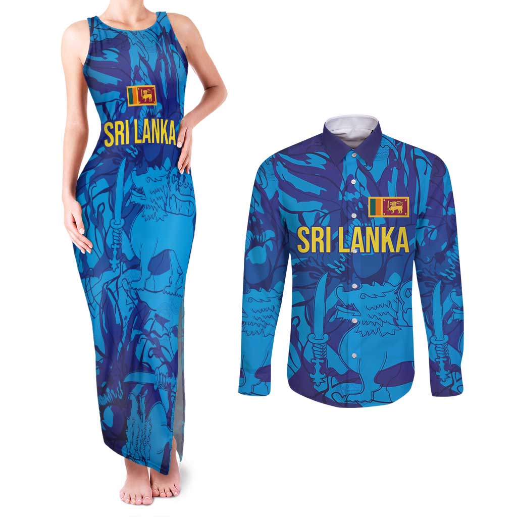Custom Sri Lanka Cricket Royal Blue Warrior Couples Matching Tank Maxi Dress and Long Sleeve Button Shirt