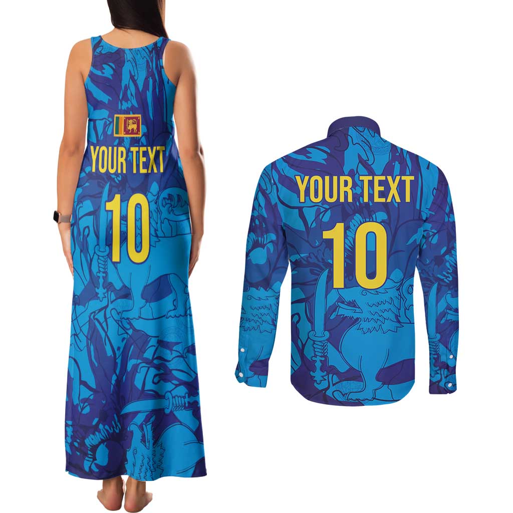 Custom Sri Lanka Cricket Royal Blue Warrior Couples Matching Tank Maxi Dress and Long Sleeve Button Shirt