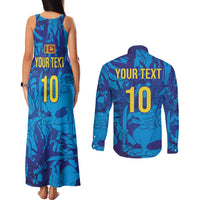 Custom Sri Lanka Cricket Royal Blue Warrior Couples Matching Tank Maxi Dress and Long Sleeve Button Shirt