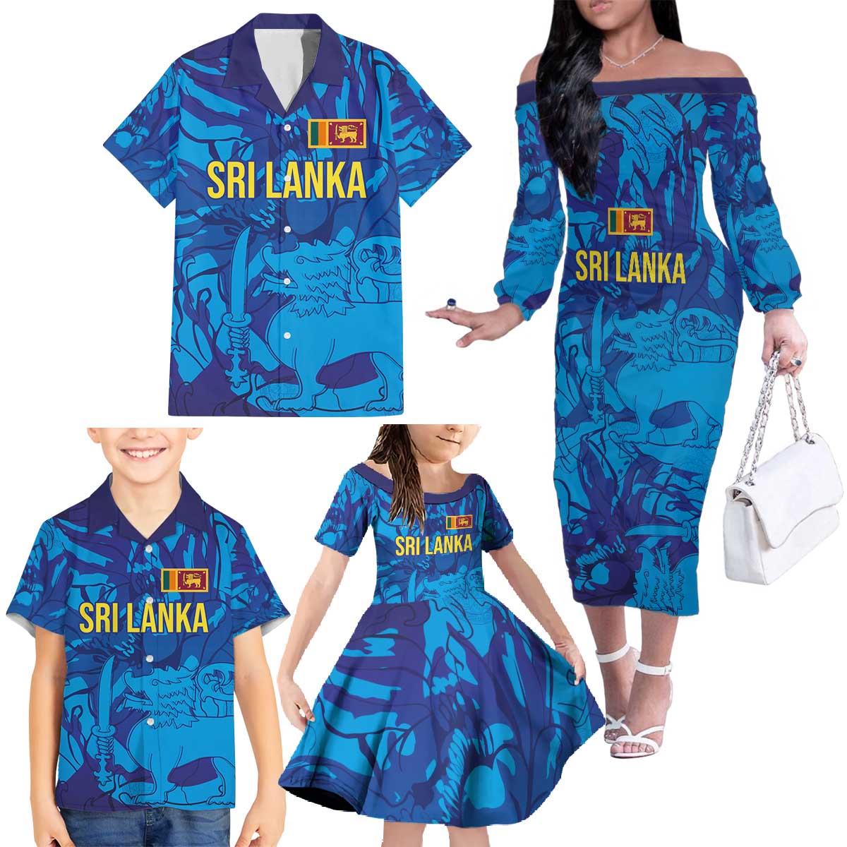 Custom Sri Lanka Cricket Royal Blue Warrior Family Matching Off The Shoulder Long Sleeve Dress and Hawaiian Shirt
