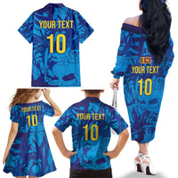 Custom Sri Lanka Cricket Royal Blue Warrior Family Matching Off The Shoulder Long Sleeve Dress and Hawaiian Shirt