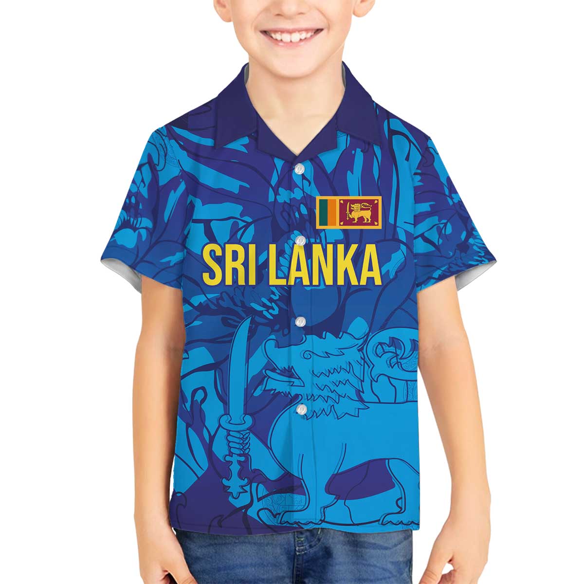 Custom Sri Lanka Cricket Royal Blue Warrior Family Matching Off The Shoulder Long Sleeve Dress and Hawaiian Shirt