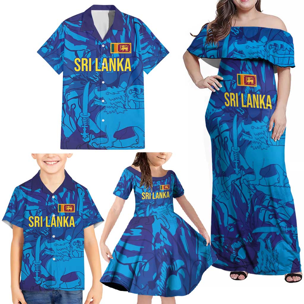Custom Sri Lanka Cricket Royal Blue Warrior Family Matching Off Shoulder Maxi Dress and Hawaiian Shirt