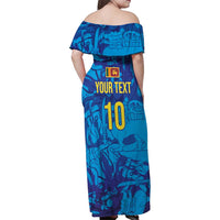 Custom Sri Lanka Cricket Royal Blue Warrior Family Matching Off Shoulder Maxi Dress and Hawaiian Shirt