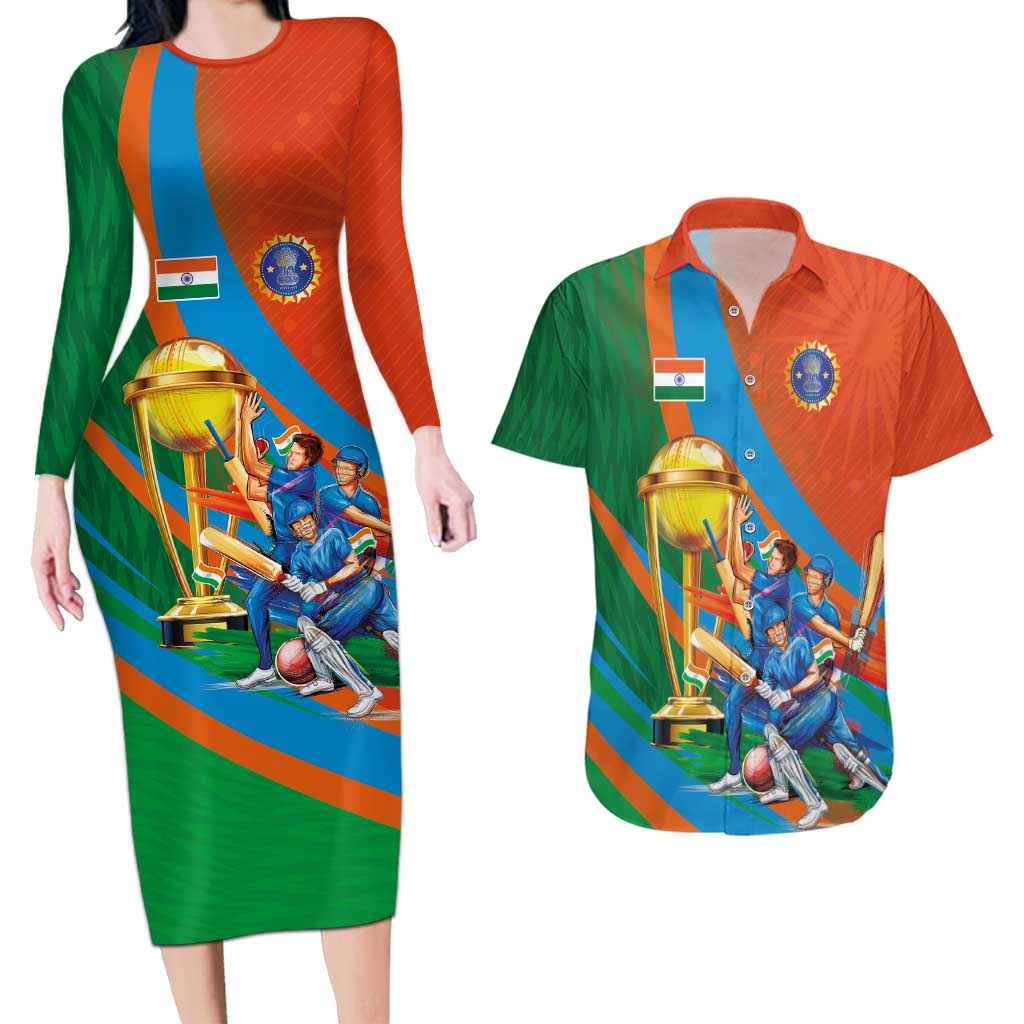 Indian Cricket Men in Blue The Champion 2025 Couples Matching Long Sleeve Bodycon Dress and Hawaiian Shirt