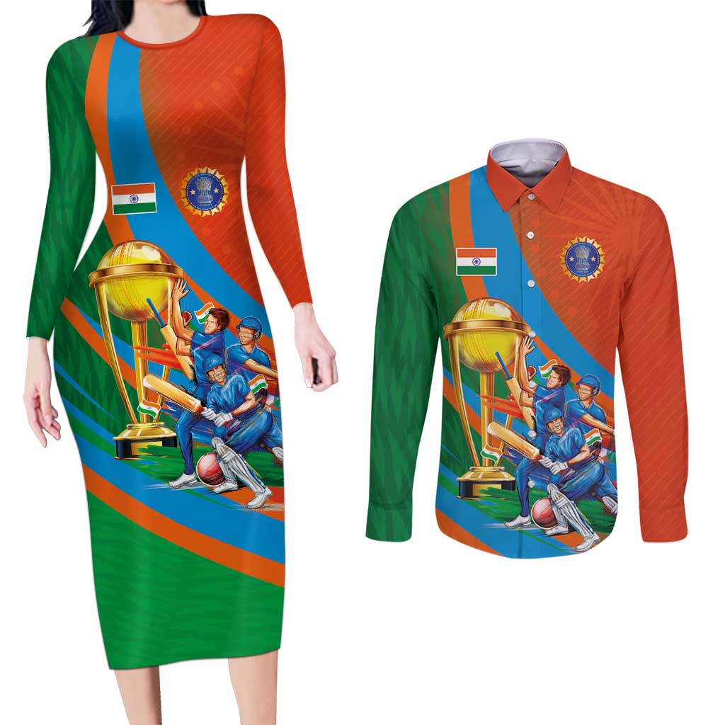 Indian Cricket Men in Blue The Champion 2025 Couples Matching Long Sleeve Bodycon Dress and Long Sleeve Button Shirt