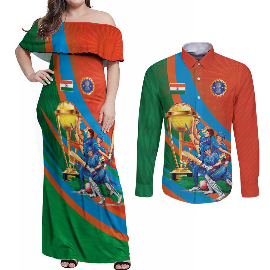 Indian Cricket Men in Blue The Champion 2025 Couples Matching Off Shoulder Maxi Dress and Long Sleeve Button Shirt