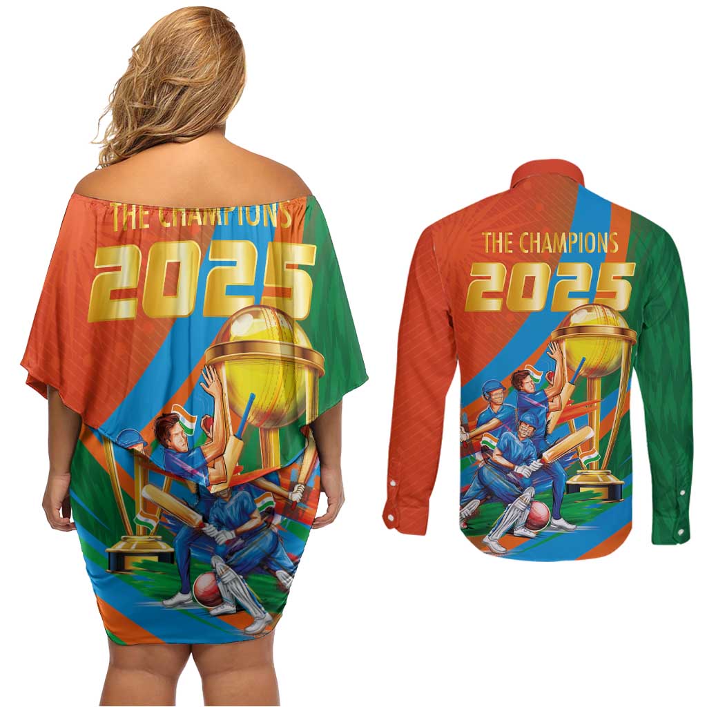 Indian Cricket Men in Blue The Champion 2025 Couples Matching Off Shoulder Short Dress and Long Sleeve Button Shirt