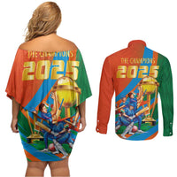 Indian Cricket Men in Blue The Champion 2025 Couples Matching Off Shoulder Short Dress and Long Sleeve Button Shirt