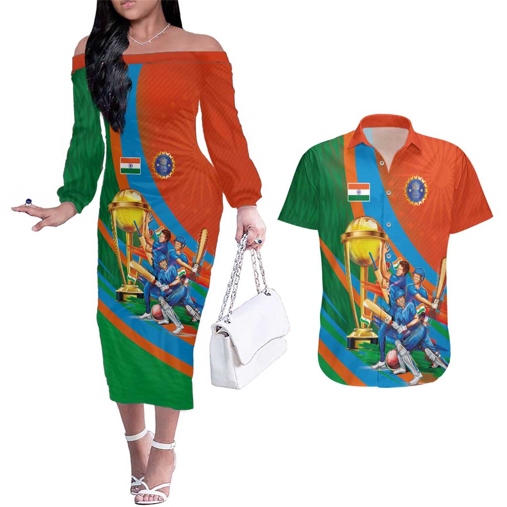 Indian Cricket Men in Blue The Champion 2025 Couples Matching Off The Shoulder Long Sleeve Dress and Hawaiian Shirt