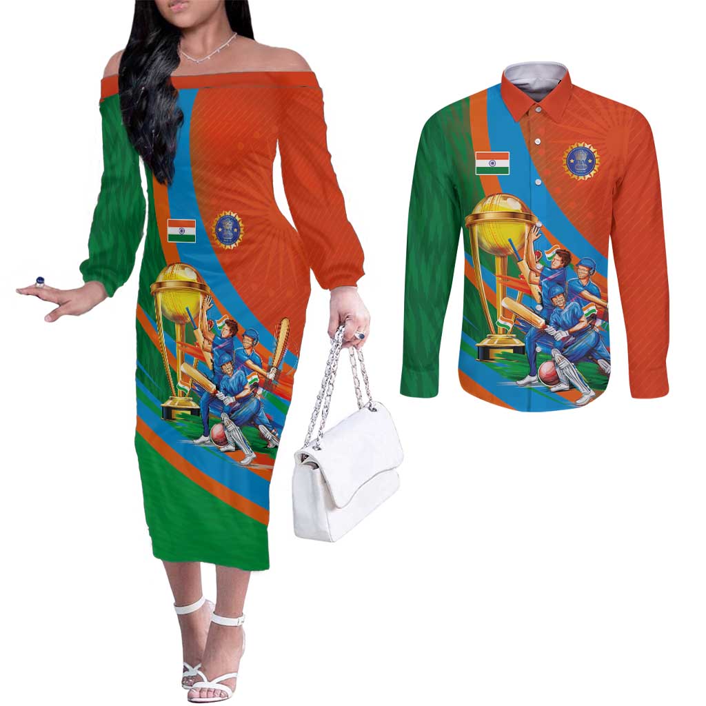 Indian Cricket Men in Blue The Champion 2025 Couples Matching Off The Shoulder Long Sleeve Dress and Long Sleeve Button Shirt