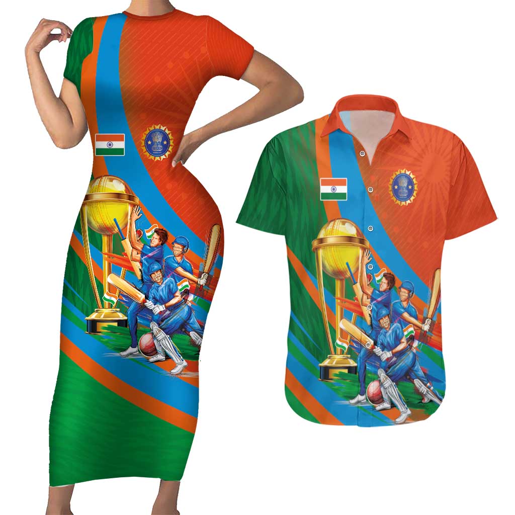 Indian Cricket Men in Blue The Champion 2025 Couples Matching Short Sleeve Bodycon Dress and Hawaiian Shirt