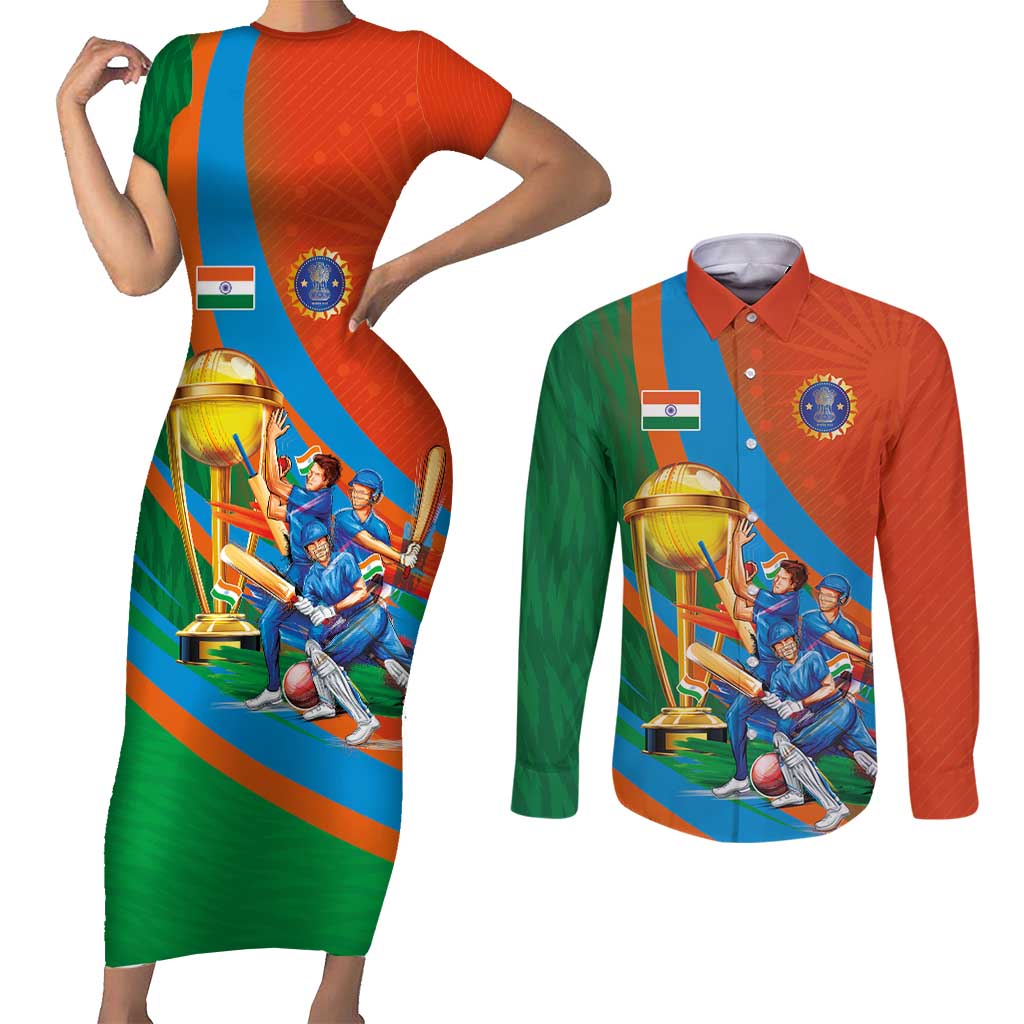 Indian Cricket Men in Blue The Champion 2025 Couples Matching Short Sleeve Bodycon Dress and Long Sleeve Button Shirt