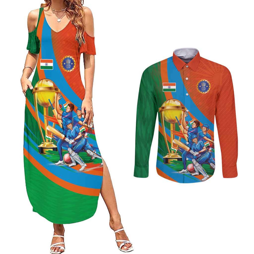 Indian Cricket Men in Blue The Champion 2025 Couples Matching Summer Maxi Dress and Long Sleeve Button Shirt