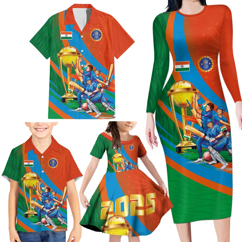 Indian Cricket Men in Blue The Champion 2025 Family Matching Long Sleeve Bodycon Dress and Hawaiian Shirt