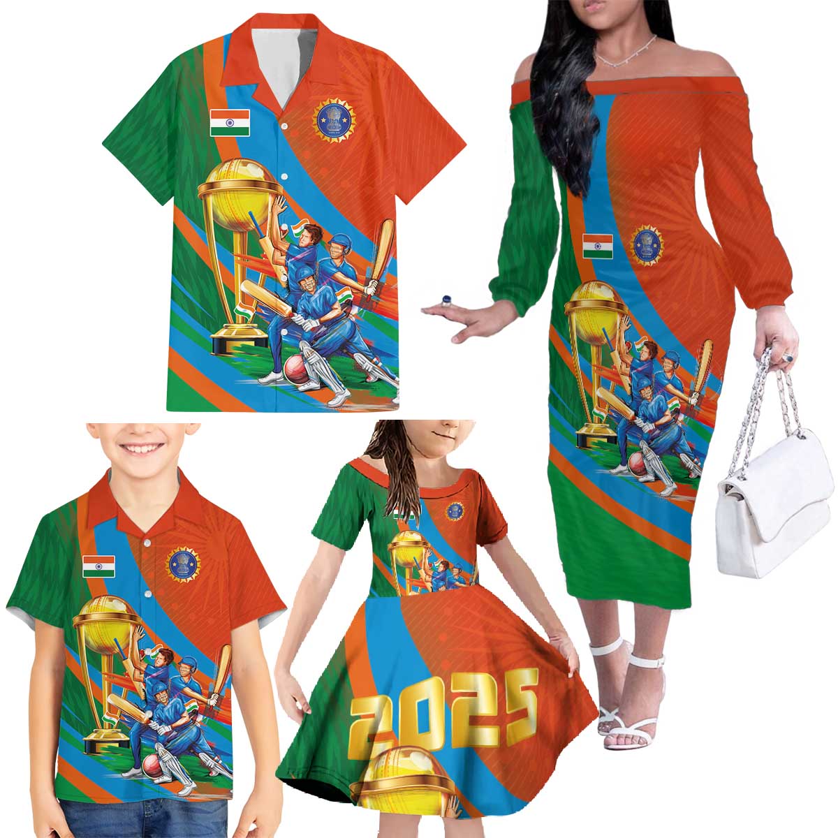 Indian Cricket Men in Blue The Champion 2025 Family Matching Off The Shoulder Long Sleeve Dress and Hawaiian Shirt