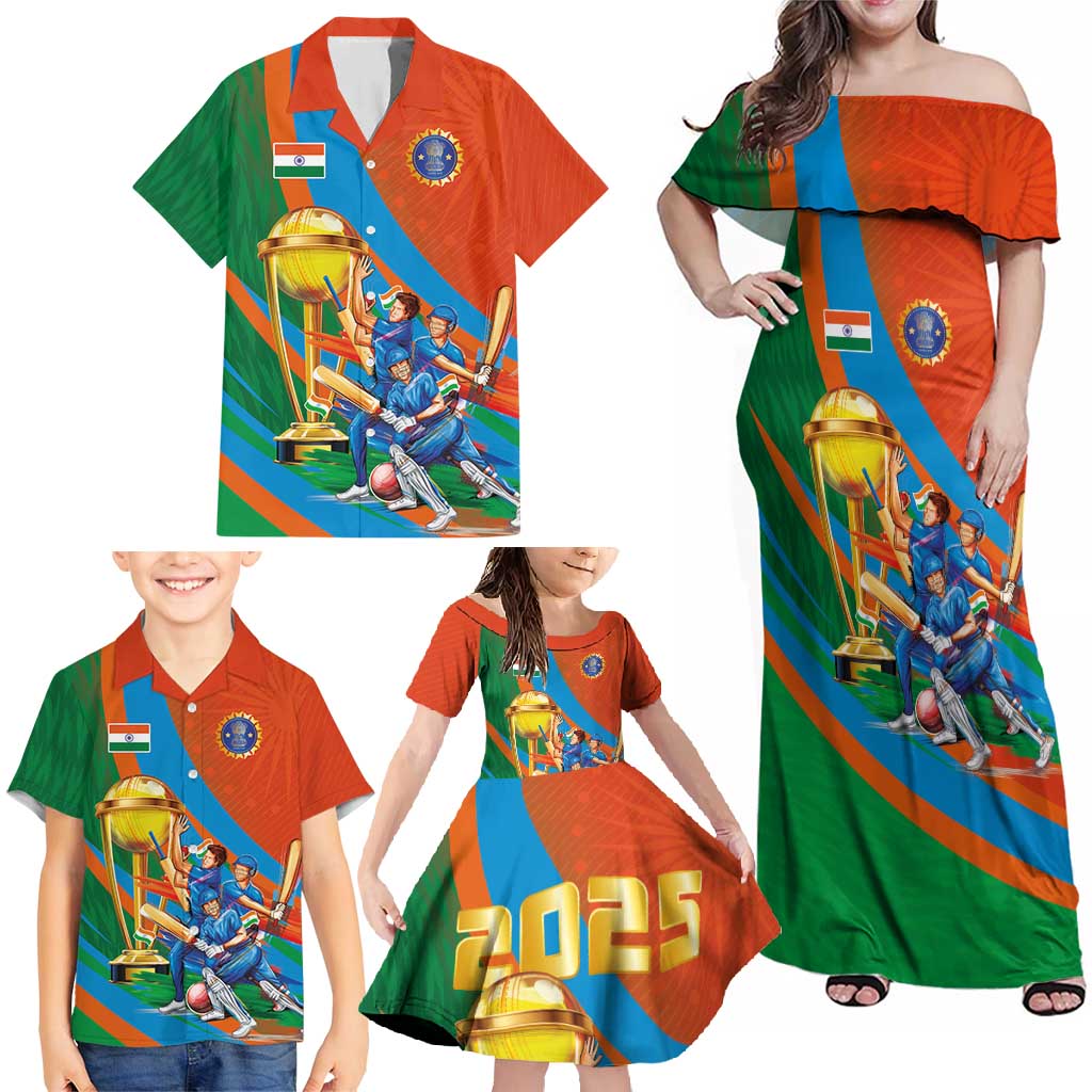Indian Cricket Men in Blue The Champion 2025 Family Matching Off Shoulder Maxi Dress and Hawaiian Shirt