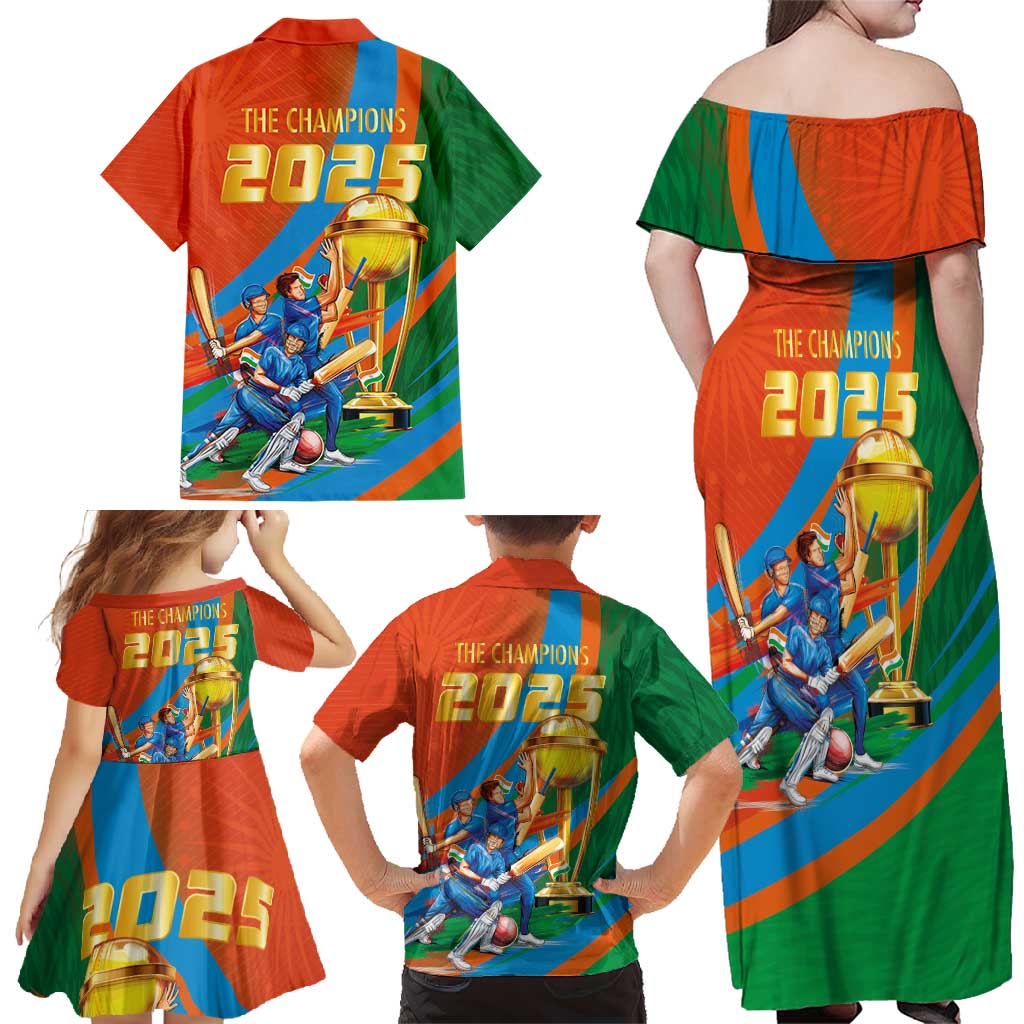 Indian Cricket Men in Blue The Champion 2025 Family Matching Off Shoulder Maxi Dress and Hawaiian Shirt