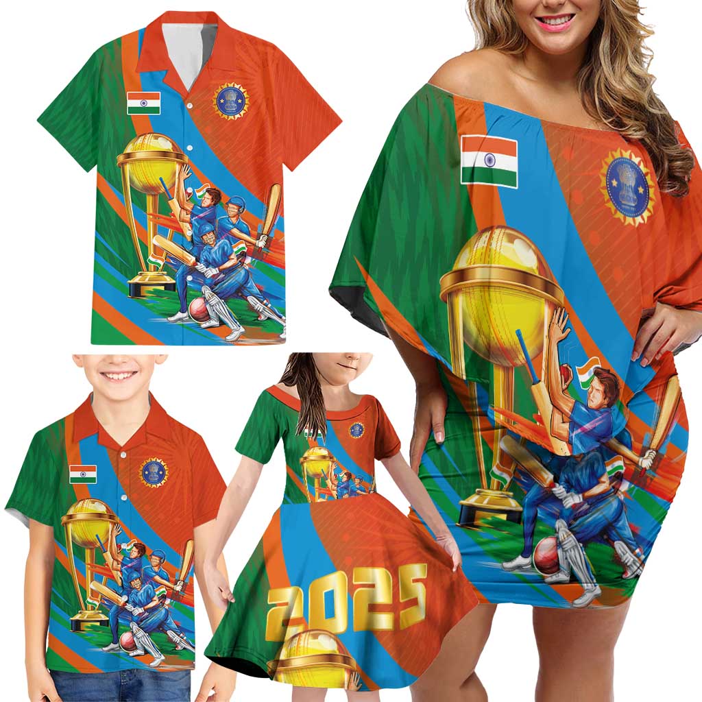 Indian Cricket Men in Blue The Champion 2025 Family Matching Off Shoulder Short Dress and Hawaiian Shirt