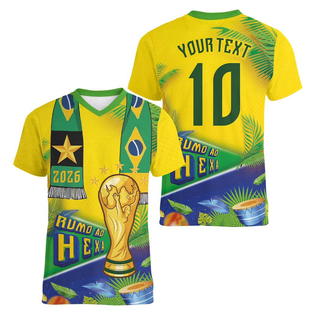 Brasil Football Custom Women V-Neck T-Shirt Rumo ao Hexa 2026