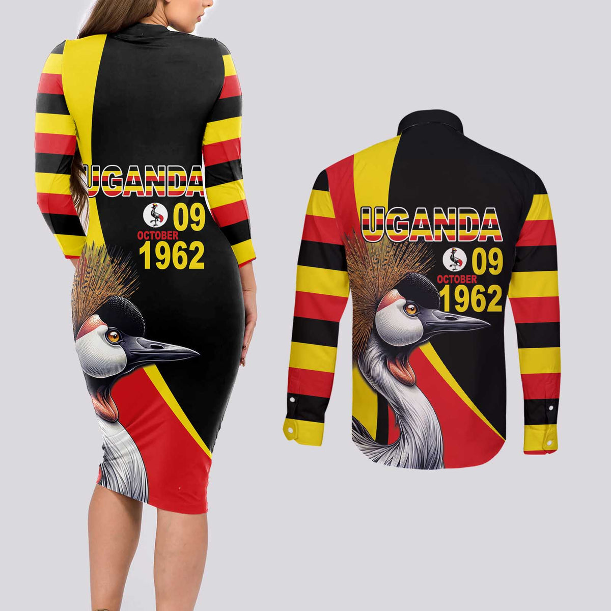Uganda Independence Day with Crowned Cranes Couples Matching Long Sleeve Bodycon Dress and Long Sleeve Button Shirt - Wonder Print Shop