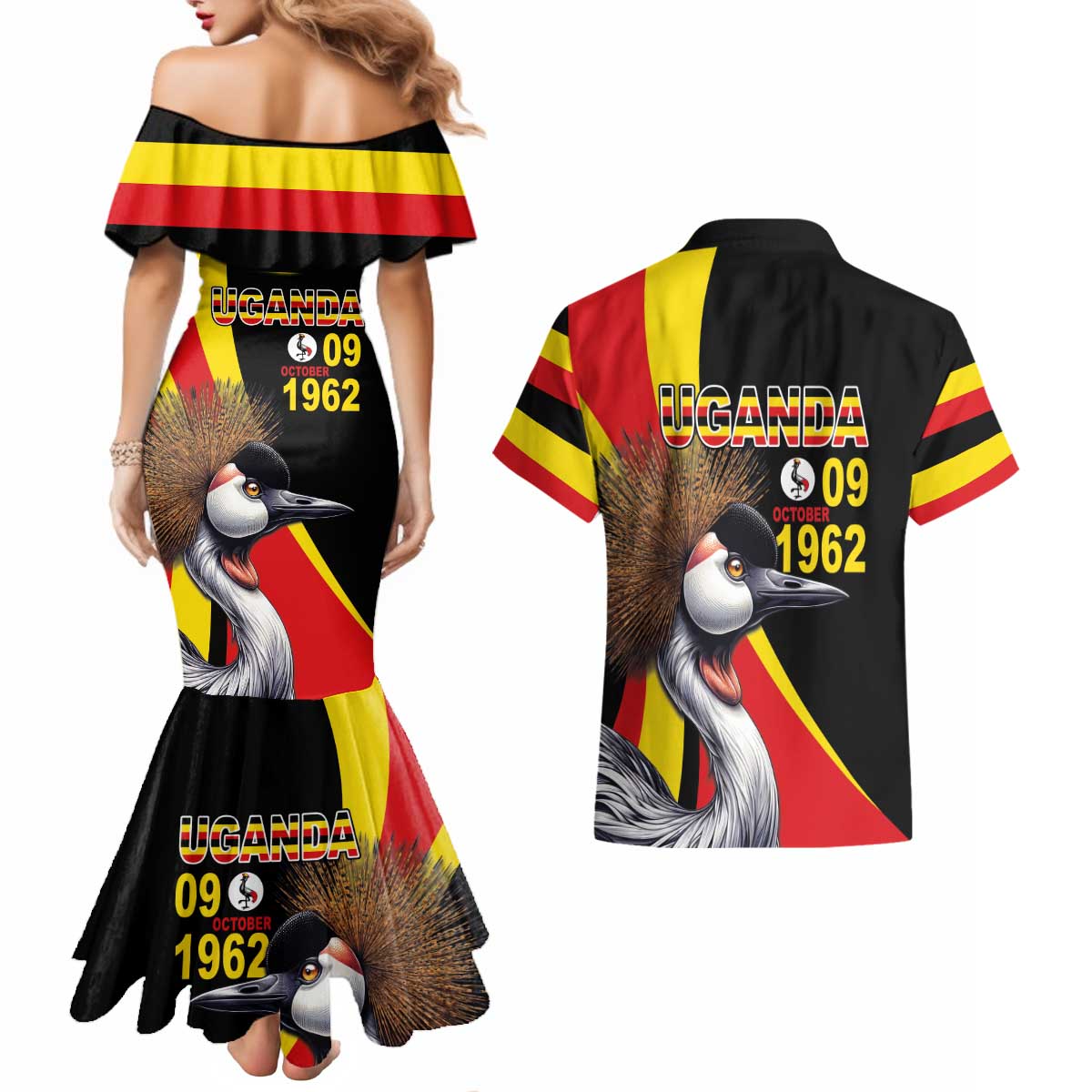 Uganda Independence Day with Crowned Cranes Couples Matching Mermaid Dress and Hawaiian Shirt - Wonder Print Shop