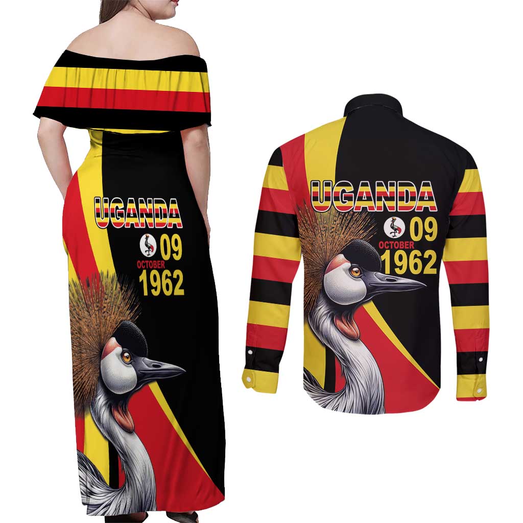 Uganda Independence Day with Crowned Cranes Couples Matching Off Shoulder Maxi Dress and Long Sleeve Button Shirt - Wonder Print Shop