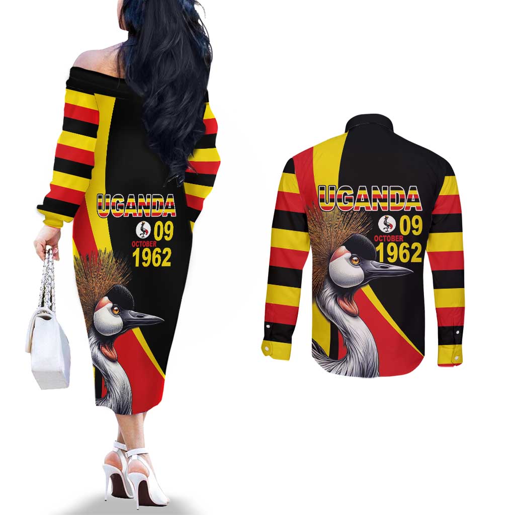 Uganda Independence Day with Crowned Cranes Couples Matching Off The Shoulder Long Sleeve Dress and Long Sleeve Button Shirt