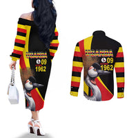 Uganda Independence Day with Crowned Cranes Couples Matching Off The Shoulder Long Sleeve Dress and Long Sleeve Button Shirt