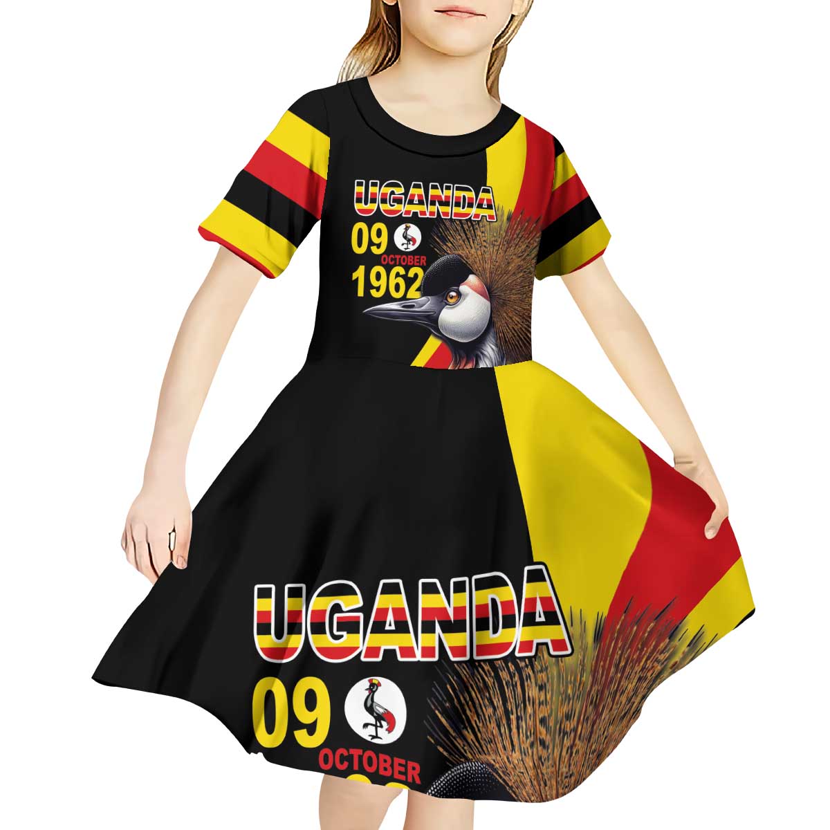 Uganda Independence Day with Crowned Cranes Kid Short Sleeve Dress - Wonder Print Shop