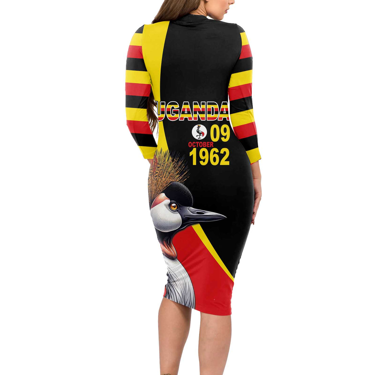 Uganda Independence Day with Crowned Cranes Long Sleeve Bodycon Dress - Wonder Print Shop