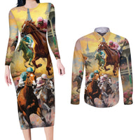 Kentucky Horses Racing Watercolor Couples Matching Long Sleeve Bodycon Dress and Long Sleeve Button Shirt - Wonder Print Shop