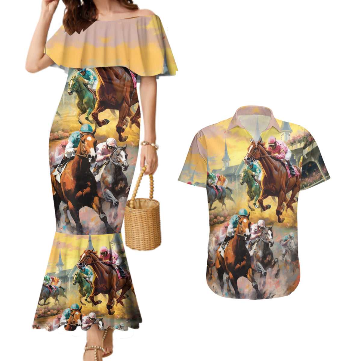 Kentucky Horses Racing Watercolor Couples Matching Mermaid Dress and Hawaiian Shirt - Wonder Print Shop