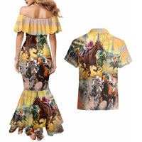 Kentucky Horses Racing Watercolor Couples Matching Mermaid Dress and Hawaiian Shirt - Wonder Print Shop