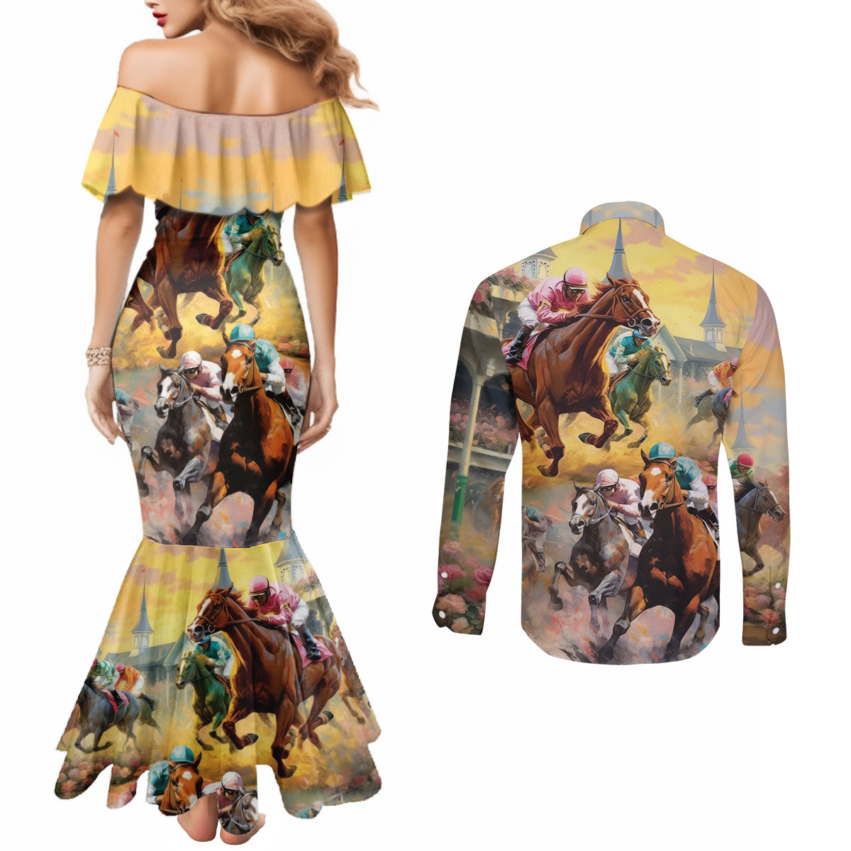 Kentucky Horses Racing Watercolor Couples Matching Mermaid Dress and Long Sleeve Button Shirt